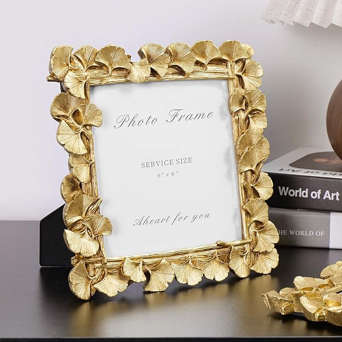 Cuspin 6x6 Picture Frame Vintage Gold Frames, Gold Ornate Leaf Textured Hand-Crafted Resin with Glass Front Antique Photo Frame for Tabletop Display, Retro Design Home Decor