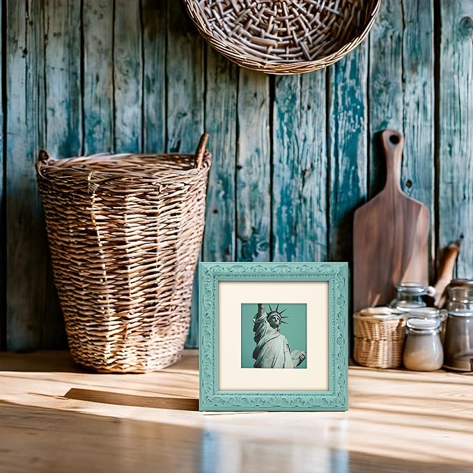 8x8 inch Distressed Wood Embossed Scroll Motif Vintage Antique Rustic Picture Frame, White Mat for 5x5 in Photo, Art Print Drawing, Wall Hanging or Desktop Display-Turquoise Blue