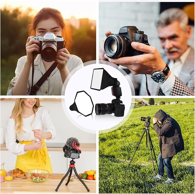 2 Pack Flash Diffuser Light Softbox 7" x 6" + 8" Octagon Speedlight Softbox Universal Collapsible Mini Softboxs with Storage Pouch for Canons, Yongnuo and Nikons Speedlight