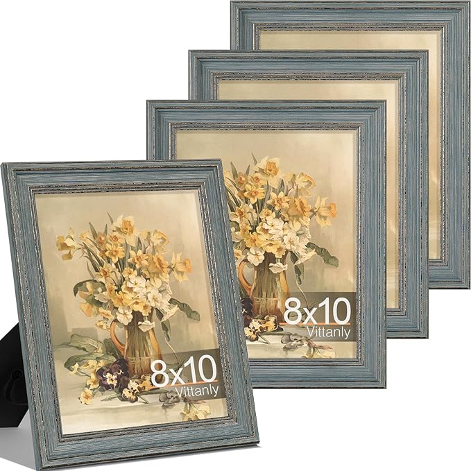 Vittanly 8x10 Picture Frame Set of 4, Vintage Photo Frame for Wall or Tabletop, Display 5x7 Pictures with Mat or 8x10 without Mat, Rustic Farmhouse Home Decor, Vintage Blue