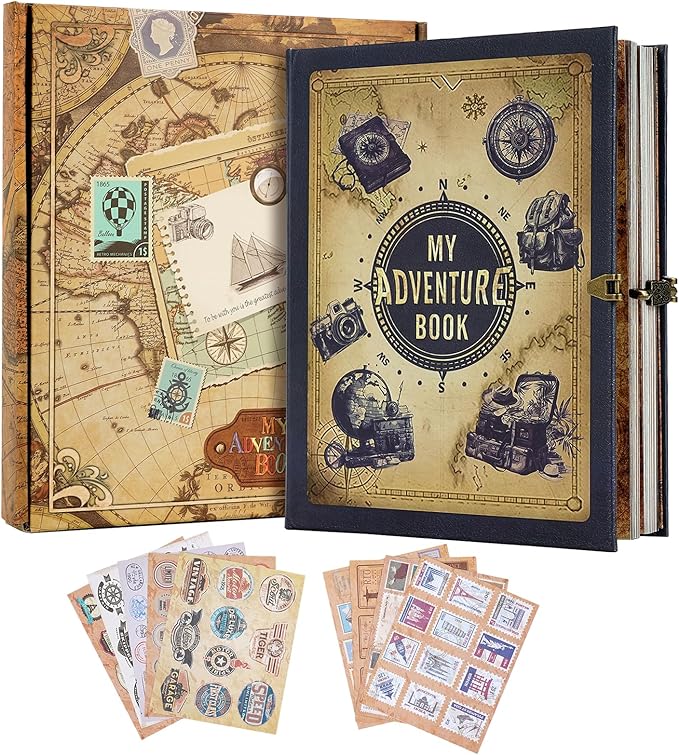 My Adventure Book Scrapbook 124 Pages Retro Style Embossed Photo Album,DIY Handmade Memory Travel Diary Photo Scrapbook for Couples,Anniversary,Wedding,Christmas Day Gifts(Blue)