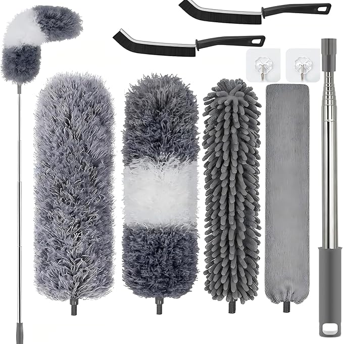 Professional Microfibre Dusters for Cleaning | Duster with Extension 100" | Cobweb Remover Duster Kit with 4 Washable Heads | Bendable Feather Duster for High Ceilings,Fans & Hard-to-Reach Areas,9PCS