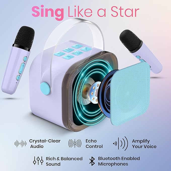 Mini Karaoke Machine for Kids Adults Teen with 2 Wireless Microphones, Gifts for Girl, Toys for Girls 6-8, Small Portable Bluetooth Speaker, Microphone, Car Singing Mic, Kareoke, Toddler Gift