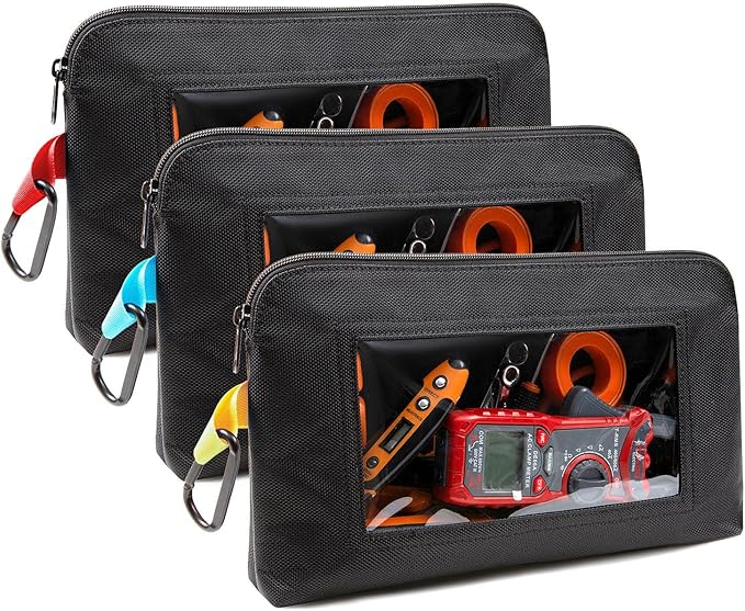 Tool Pouch with Clear Window for Electricians, 1680D Oxford Small Tool Bag, Heavy Duty Tool Pouches with Zipper, Transparent Zipper Pouches for Organizing and Storage, Gifts for Men, 3 Pack