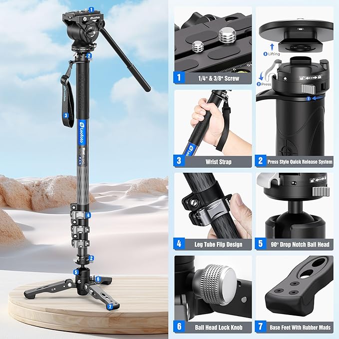 LEOFOTO Carbon Fiber Camer Monopod Kit, 63" Professional Video Monopod with Fluid Head and Folding Support Base for Video Cameras Camcorders