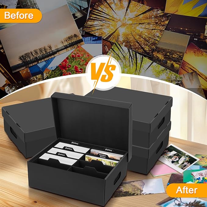 ATPWONZ 4 PCS Photo Storage Box for 5"x7" Photos, with 32 Inner Picture Boxes, 15“ x 10.3“ x 6.1“ Photo Organizer Box, Portable Scrapbook Photo Boxes with Lid, for Photo Stickers Stamps Seeds(Black)