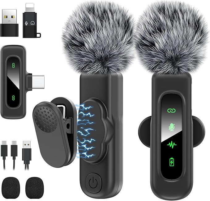 USB C Mini Wireless Lavalier Microphone for iPhone/Android,Lapel Mic with Magnetic Clip-on for Record Video，Lav Mic with LED Display Podcast Vlog Content Creator Interview