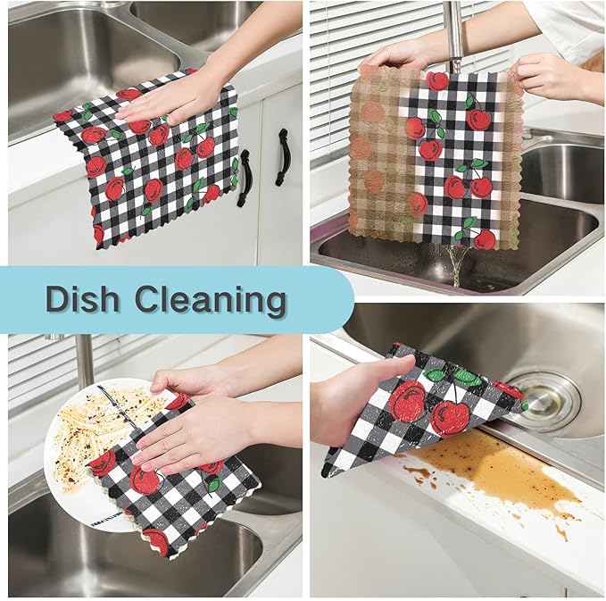 CaTaKu Cherries Plaid Kitchen Dish Cloths, 6 Pack Reusable Dish Rags for Washing Dishes, Microfiber Cleaning Cloths Dish Towels Washcloths for Kitchen Drying