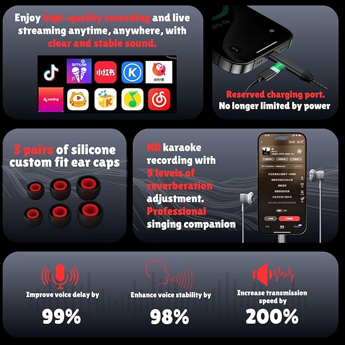 EzKŌV Karaoke Headset with Built-in Sound Card – Wired Microphone & Headphones for Singing, Live Streaming & Recording, Plug & Play with iPhone (Lightning), USB-C & PC (Black)