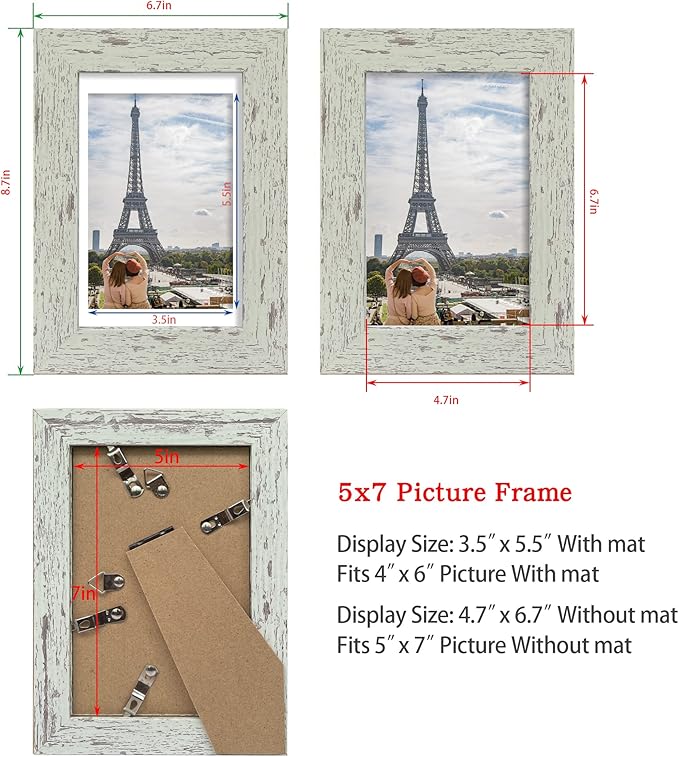5x7 Picture Frame Set of 4, Made of Real Glass and Sage Green Wooden Frame, 5 by 7 Photo for Wall or Tabletop - Display Picture 4x6 with Mat or 5x7 Without Mat