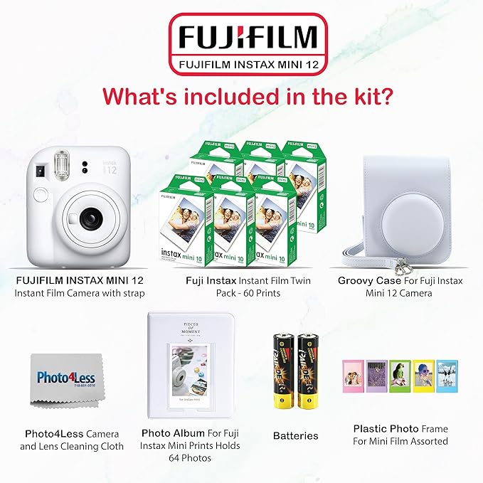 Fujifilm Instax Mini 12 Instant Camera Bundle with Fujifilm Instax Mini Instant Film Value Pack (60 Sheets) with Accessories Including Protective Case, Strap, Photo Album (Clay White)