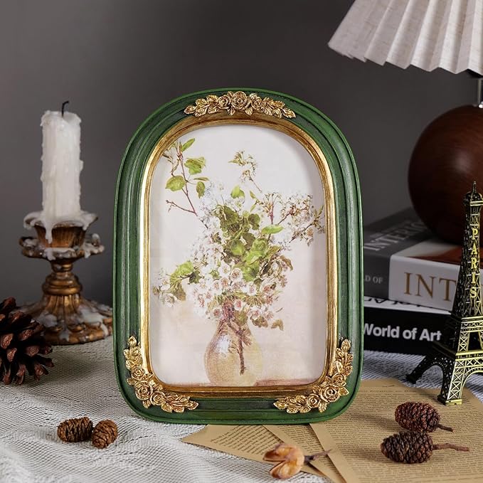 Cuspin Vintage 5x7 Picture Frame Green and Gold Decor, Ornate Arch Picture Frames with Glass Front for Tabletop or Wall Hanging Display, Antique Decorative Frame for Home Decor or Gift
