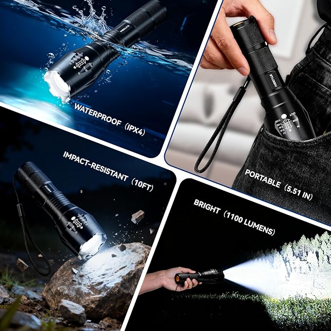 VIBELITE LED Flashlight High Lumens, 5 Modes Zoomable Waterproof Tactical Flashlight for Hiking, Camping Emergency, Cool Gadget Valentines Day Gifts for Him, Men, Teen Boys, Husband, Dad, 2 Pack