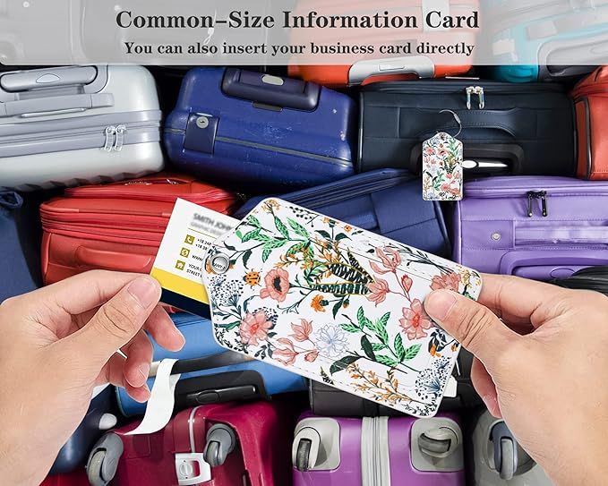 (Set of 2) Luggage Tag Leather Privacy Cover ID Label Address Card with Stainless Steel Loop, Travel Bag Tags Suitcase Labels,White Flowers