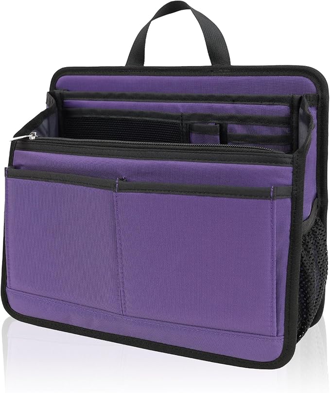 Small Rugged Organizer Insert for Briefcase Tote Shoulder Messenger Bag-19 Pockets,Durable Padded Nylon,Handle-Purple