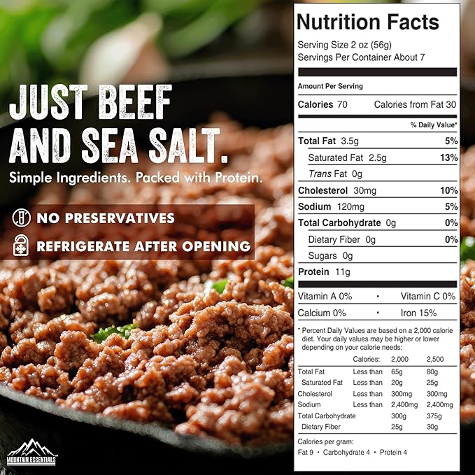MOUNTAIN ESSENTIALS Ground Beef 14 Oz Fully Cooked Ready to Eat Hamburger Meat Emergency Survival Bulk Food Storage Canned Meat Perfect for Quick Meals 5 Years Shelf Life Made in USA Pack of 24