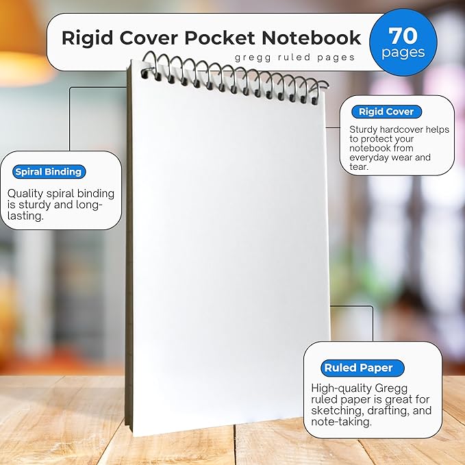 The Pocket Notebook – Spiral Notebook, Blank Cover Writing Pad, Field Book for Reporters, Journalists, & Law Enforcement, 70 Gregg Ruled Sheets, Top Bound – 3.75 x 6 Inches, 140 Pages (Pack of 12)