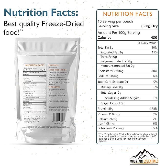 MOUNTAIN ESSENTIALS Freeze-Dried Diced Chicken – Fully Cooked and Ready to Eat | Everyday Pantry Staple for Meal Prep, Camping & Emergency Survival | Premium Quality Meat | 10 Servings per Pouch | Made in USA | 7-Year Shelf Life | Pack of 1