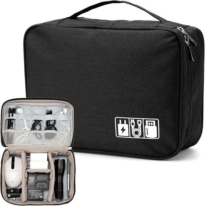 Cable Organizer bag for women or men,Electronic Accessories Carry Case Portable Waterproof Double Layers All-in-One Storage Bag for Cord, Charger, Phone, Earphone (Black)