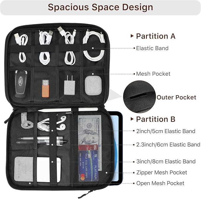 Dadanism Electronics Travel Organizer Case, Double Layers Cord Organizer Travel All-in-One Storage Bag for Cable, Cord, iPad, Chargers, fits 9-11'' Tablets, Portable Tech Accessories Bag, Black
