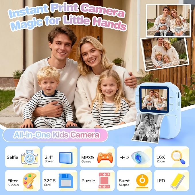 Kids Camera Instant Print with Color & Black-White Printing, 1080P HD Digital Selfie Camera for Children, 32GB, 2.4" Screen, 16X Zoom, Games, MP3 for Boys Girls Ages 3-12 (Blue)