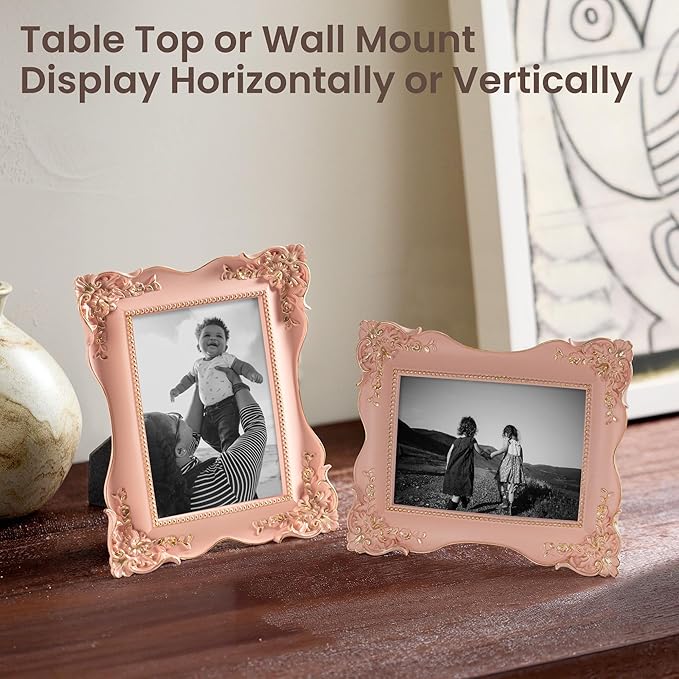 Axeman Vintage 5x7 Pink Picture Frames | 5 x 7 Antique Picture Frame with Real Glass | Ornate 5x7 Picture Frame for Wall & Tabletop Display | Retro Pink 5 x 7 Photo Frame