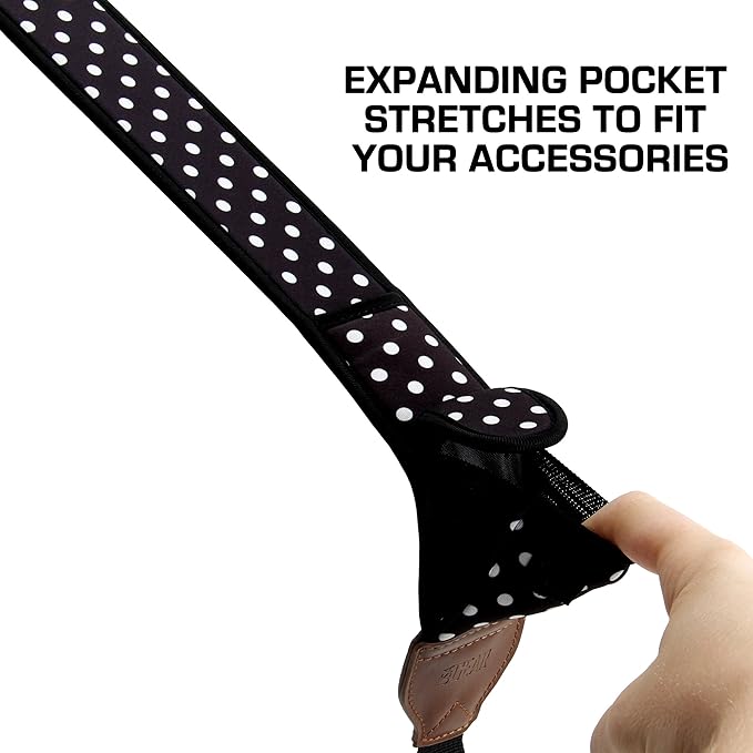 USA Gear TrueSHOT Camera Strap Neoprene Camera Straps - Padded Neck Strap, Pockets, and Quick Release Buckles - Compatible with Canon, Nikon, Sony and More DSLR and Mirrorless Cameras (Polka Dot)