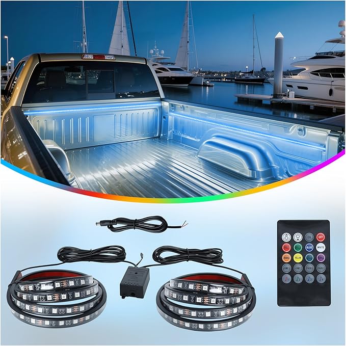 2PCS 60" RGB Truck Bed Light Strip Kit Remote Controlled Color Changing LED Bars with Music Sync, IP67 Waterproof for Pickup Trucks, SUVs, RVs/Boats