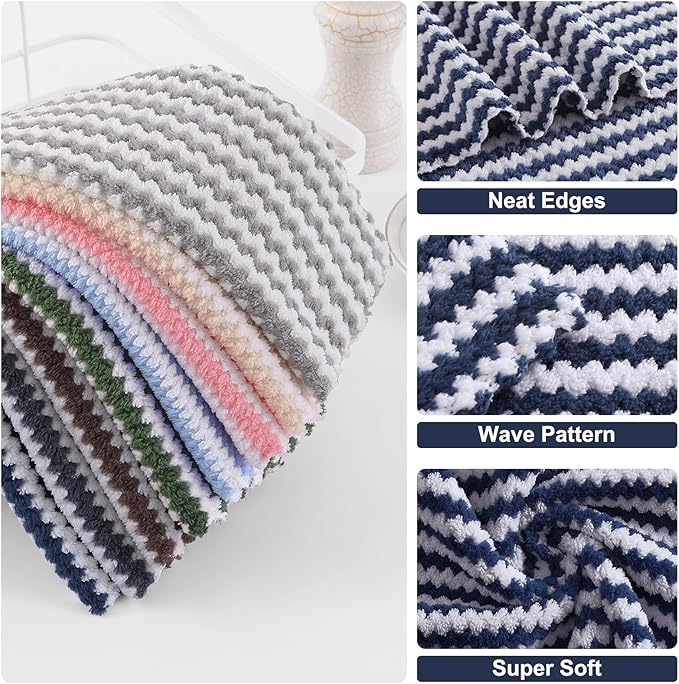 Homaxy 24 Pack Kitchen Dish Cloths, Ultra Soft and Absorbent Dish Towels, Reusable Fast Drying Microfiber Cleaning Cloth, Coral Velvet Wave Design No-lint, 10 x 10 inches, Navy Blue