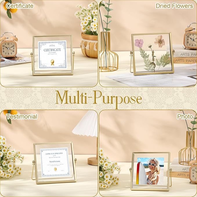 Amyhill Set of 6 Metal Picture Frames Vintage Minimal Ornate Floating Frames 4 x 4 Inches Photo Antique Easel Stand Vertical Glass Holder for Pictures Photos Desk Tabletop Display(Gold)