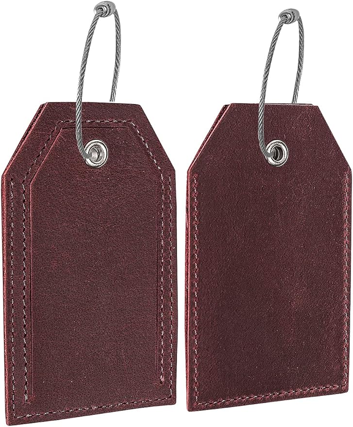 Genuine Leather Set of 2 Luggage Tag with Full Back Privacy Name ID Card Stainless Steel Loop Suitcase Labels Identifiers Baggage Tags Luggage for Women Men Travel (Wine Red)