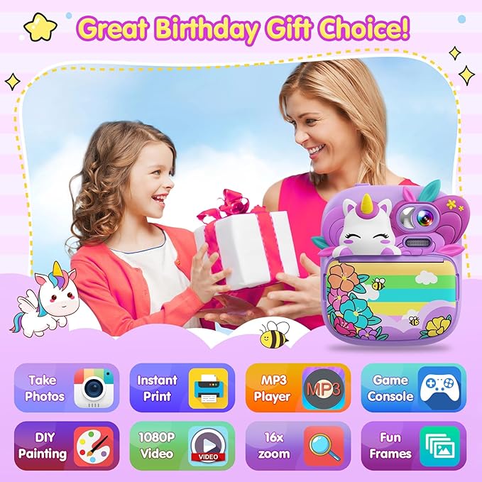 Kids Camera Instant Print, Camera for Kids with Printable Photos, Toddler Camera Toys for Children Ages 3-14, Digital Camera Birthday Gifts for Girls 4 5 6 7 8 9 10 11 12 13 Years Old (Purple)