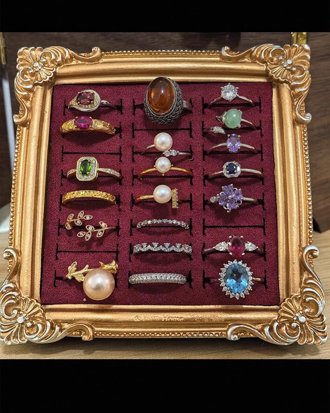 2PCS Jewelry Display Stand Vintage Ring Holder Box Earring Tray Retro Picture Frame Style Ring OrganizerJewelry Frame with Velvet
