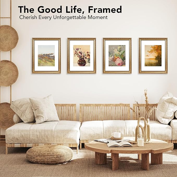 11x14 Vintage Picture Frame with 8x10 Mat Set of 2, Elegant Retro 11 by 14 Photo Frame with Shatter-Resistant Plexiglass for Wall Hanging, Gallery Decor & Gift, Gold, 2 Pack