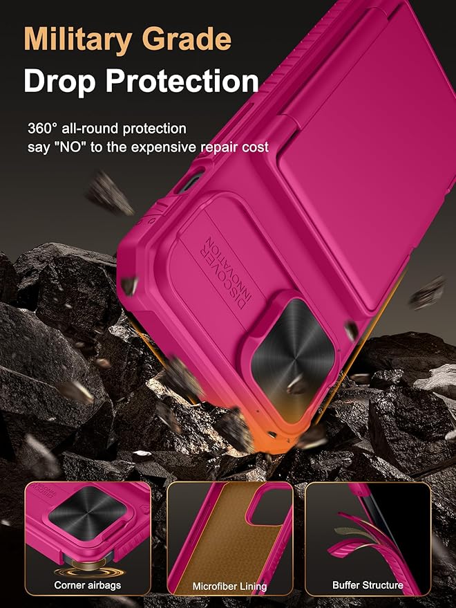 Vihibii for iPhone 15/14/13 Wallet Case with Card Holder (4 Cards), RFID Blocking & Slide Camera Cover & Raised Edges Protect Screen, Heavy Duty Shockproof Phone Case, Hot Pink