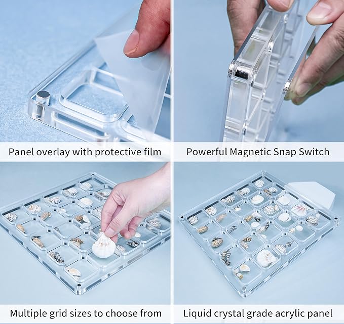 Multi-Style Clear Acrylic Magnetic Seashell Display Case, Shadow Box for Tiny Treasure Hunting, Holder Display Grid Cabinet