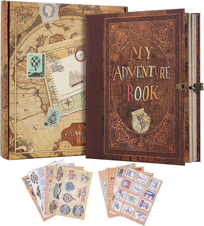 My Adventure Book Scrapbook 124 Pages Retro Style Embossed Photo Album,DIY Handmade Memory Travel Diary Photo Scrapbook for Couples,Anniversary,Wedding,Valentines Day Gifts(Brown)