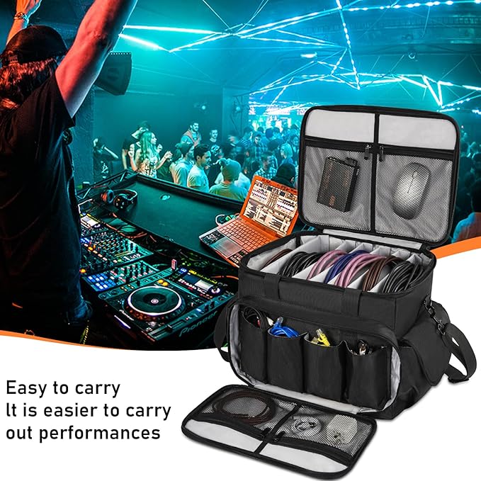 DJ Cable File Bag with 6 Detachable Dividers High Capacity Gig Cable Bag for Cords, DJ Gear, Sound Instrument and Accessories, Grey
