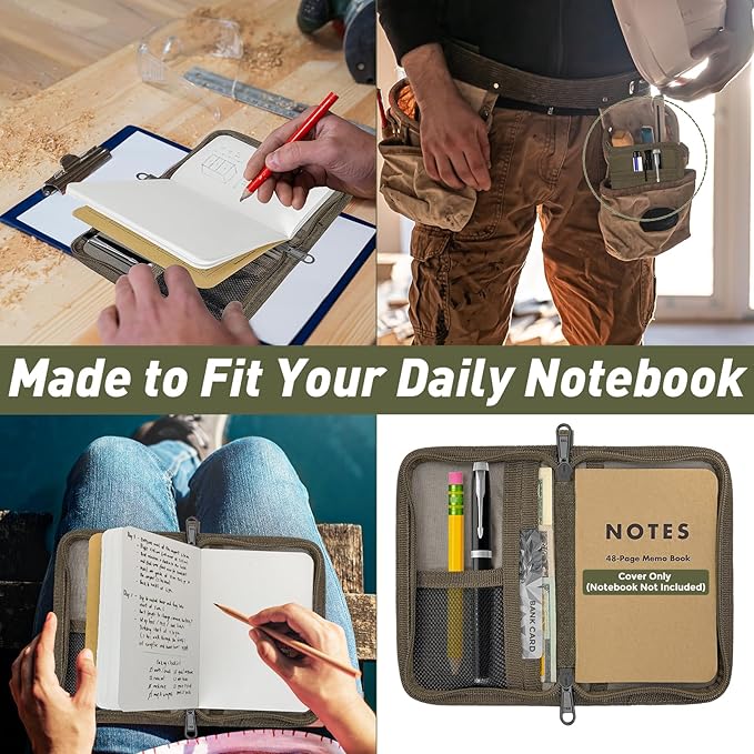 Journal Cover for Field Notes & Moleskine Cahier with YKK Zipper, 3.5"x5.5" Waxed Canvas Notebook Cover with Pen Holder, Water Resistant Travel Planner Cover for Daily Use