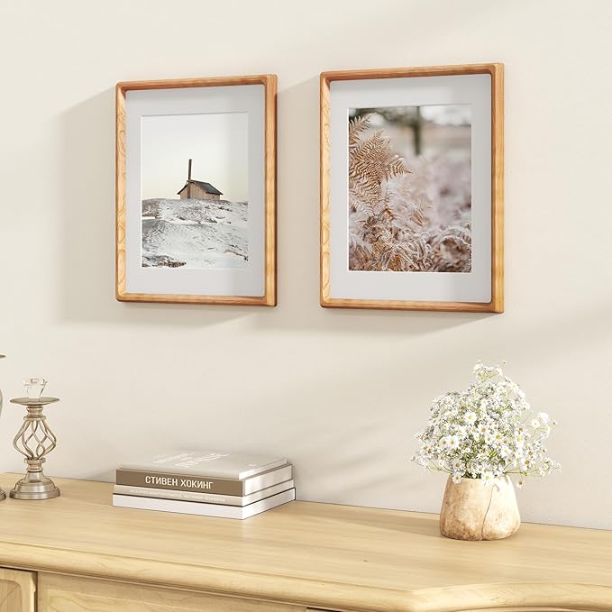 11x14 Wooden Picture Frames USA-Sourced Natural Cherry Solid Wood Photo Frame Handcrafted Rounded Corner with Mat to 8x10 Picture Frame Vintage Display with Real Glass Family Picture， 2 Pack