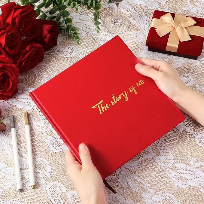 Colarr Hardcover Couples Scrapbook 144 Pages 8.7 x 8.7" Couples Photo Album Scrapbook Journal for 1 Year Wedding Memory Anniversary Photo Book Gift with 2 Markers(Red)