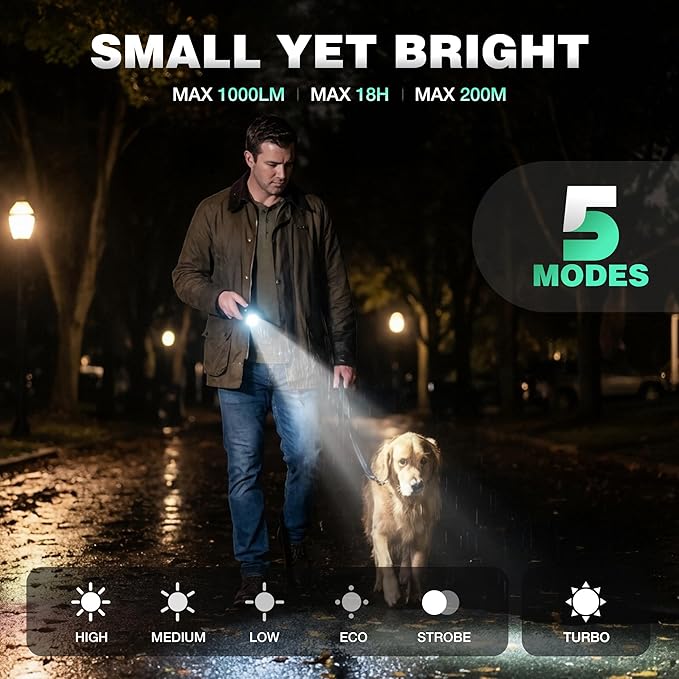 EverBrite 1000LM Small Flashlight, 5 Modes Zoomable Dual Power Flashlight, Mini Flashlights High Lumens, Rechargeable or AA Battery, Pocket Flashlight for Home, Emergency, Hiking, Camping