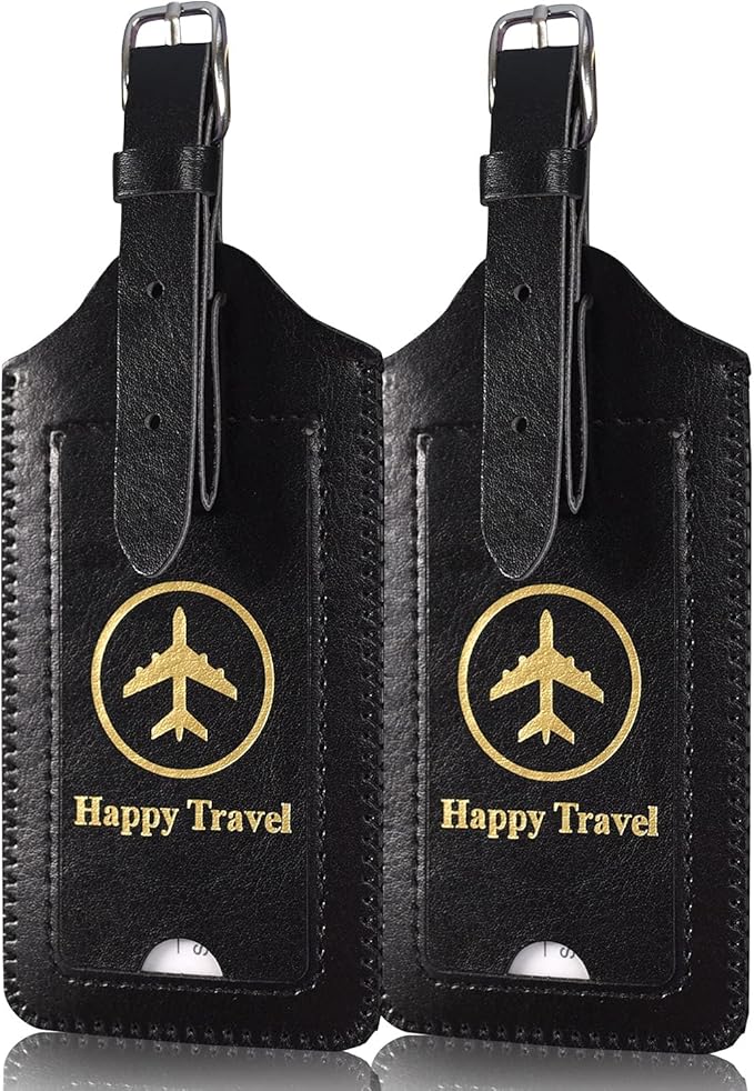 ACdream Luggage Tags 2 Pack, Leather Suitcase Tags Identifiers, Cute Cruise ID Labels with Privacy Cover fits on Backpack, Travel Bag, for Women, Men, Adults, Kids, Black