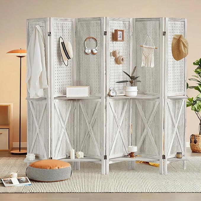 6 Panel Pegboard Display with 24 Hooks, Wooden Pegboard Room Divider Wall with Shelf, Partition Room Dividers and Folding Privacy Screens, Bedroom, Jewelry Store, White