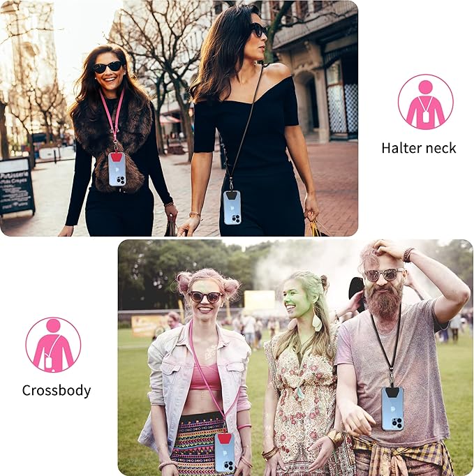 CACOE Phone Lanyard 2 Pcs-2 Pcs Adjustable Neck Strap,4 Pcs Phone Patches,Universal Crossbody Multifuctional Cell Phone Lanyards Compatible with Most Smartphones(Black+Rose Red)