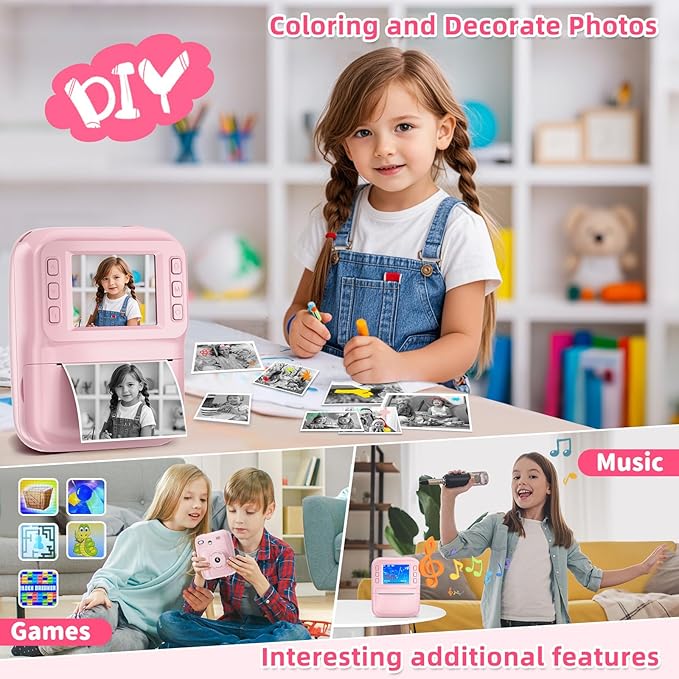MINIBEAR Kids Camera Instant Print Camera for Kids Digital Camera Toddler Toys Christmas Birthday Gifts for 3 4 5 6 7 8 9 10 Year Old Girls Boys, Pink