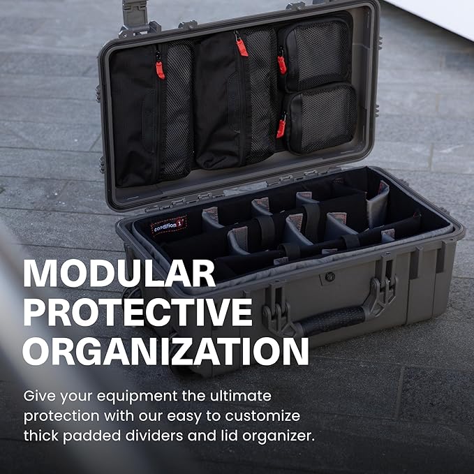 Condition 1 22" Large Rolling Lockable Hard Storage Case w/Padded Divider & Lid Organizer, Model 300, Waterproof Protective Box for Camera & Production Gear, Made in USA, 21.84"x13.82"x9" Black
