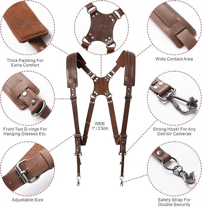Padwa Lifestyle Dark Brown Dual Camera Harness - Dual Shoulder Full Grain Leather Strap for DSLR/SLR Cameras