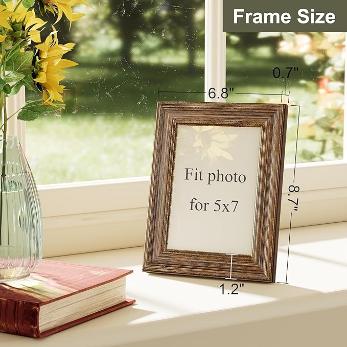 Vittanly 5x7 Picture Frame Set of 4, Vintage Photo Frame for Wall or Tabletop, Display 5x7 Pictures, Rustic Farmhouse Home Decor, Walnut