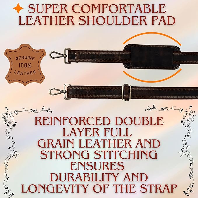 Bag Strap Replacement - Genuine Leather 57" Adjustable Shoulder Strap for Messenger, Laptop, Camera, Travel Bags
